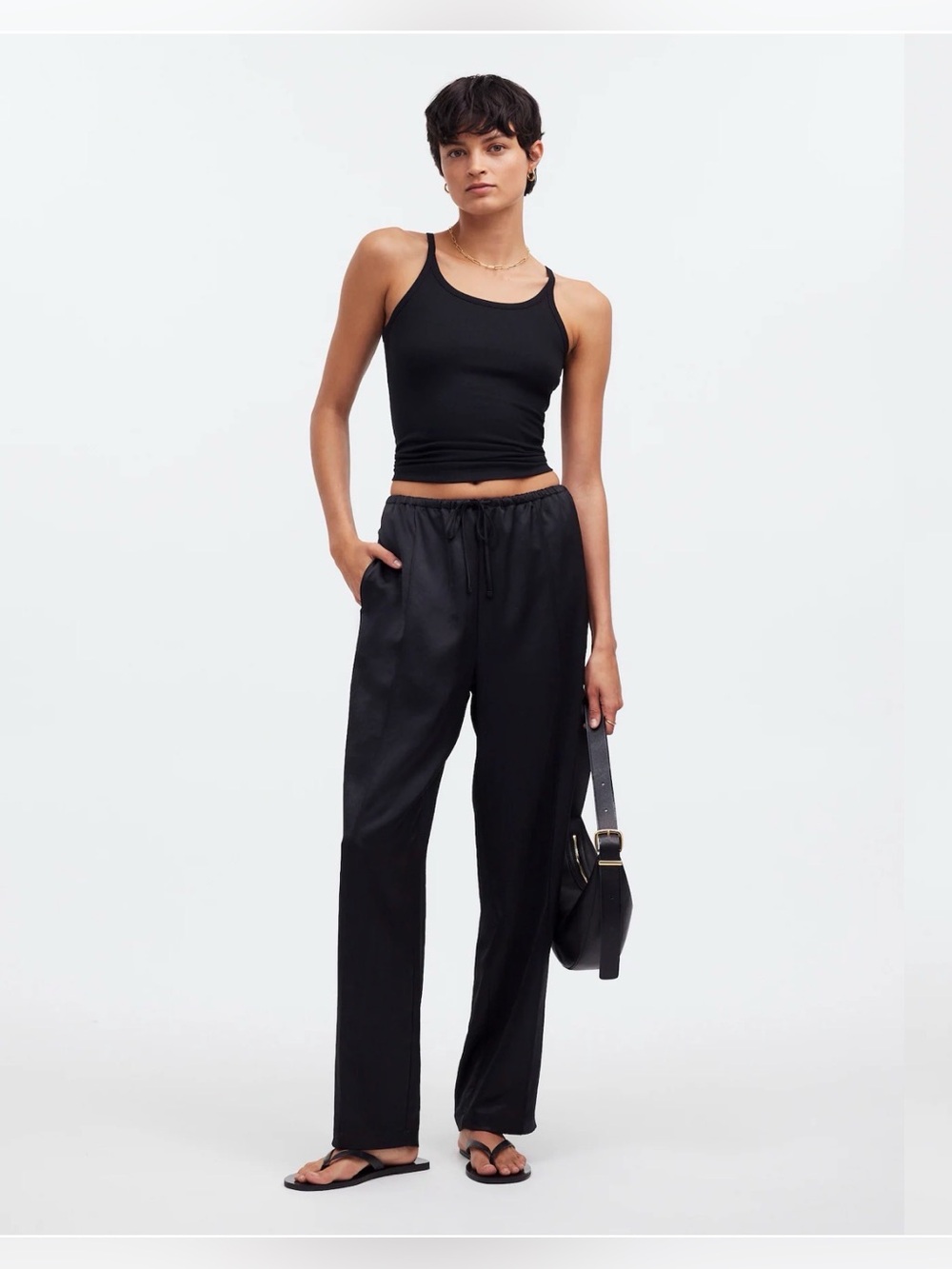 Madewell Black Satin Drawstring Pintucked Slim Pull-On Pants in Pants